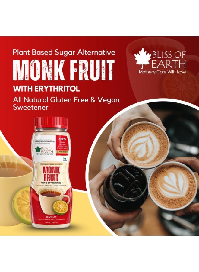 BLISS OF EARTH Monk Fruit Sweetener with Erythritol (200g), 1:1 Zero Calorie Sugar Alternative, Keto Friendly, No Aftertaste, Zero Glycaemic Natural Sweetener - Image 2